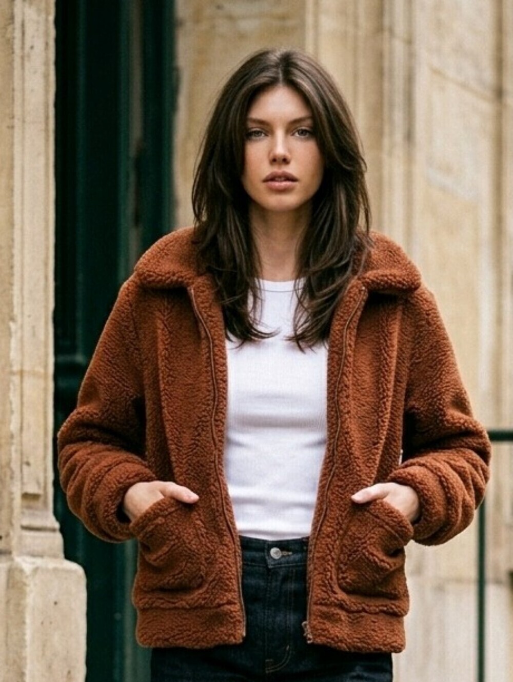 Elodie Brown Teddy Fleece Women's Zip Up Jacket Size Medium Excellent condition